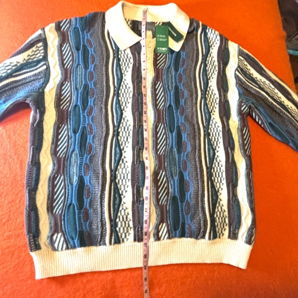 Retro ecru and blue mixed knit polo sweater NWT - Picture 11 of 11